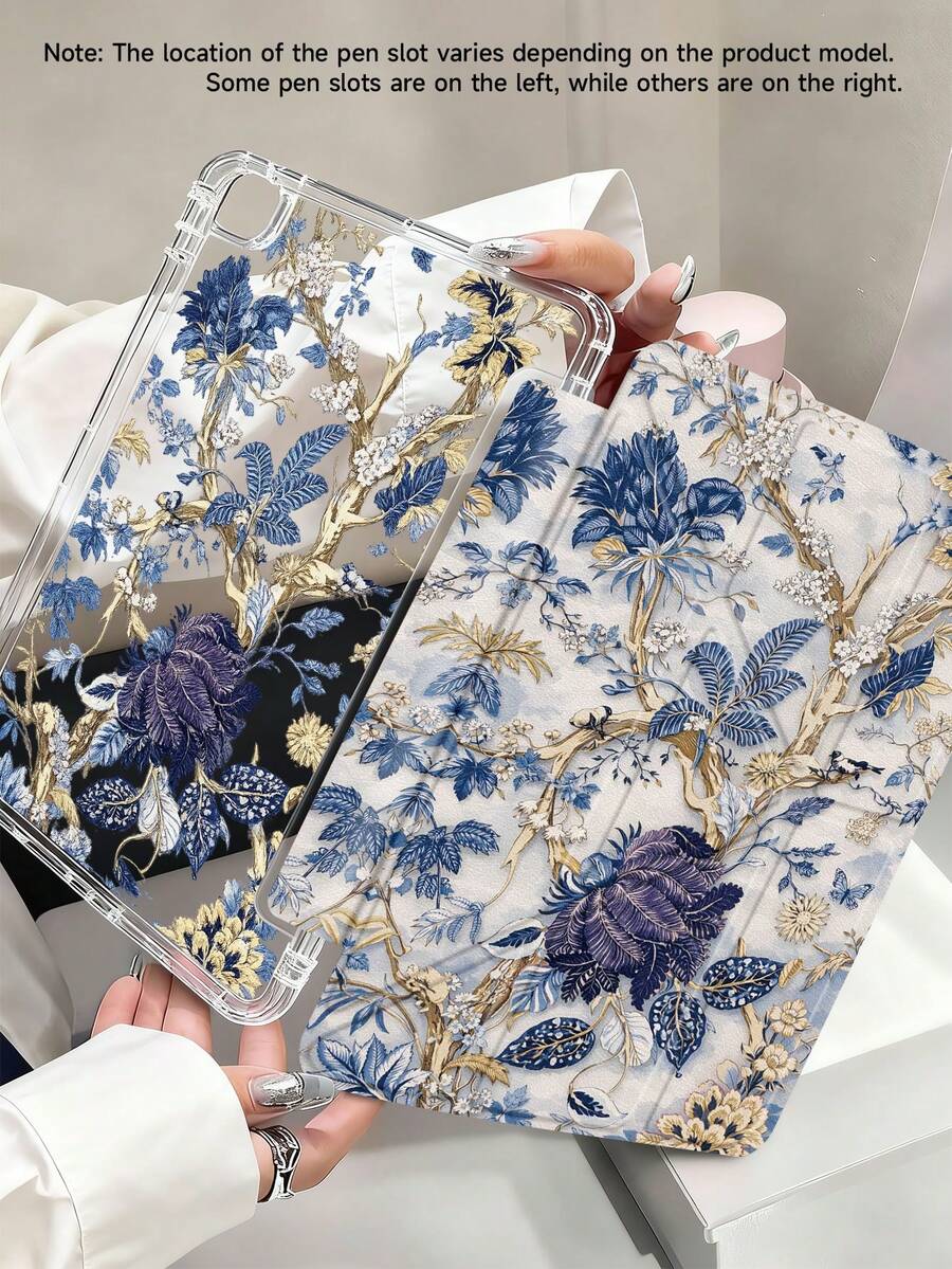 蓝色花卉图案基础款平板电脑保护套，适用于11英寸平板电脑，兼容iPad Air M3 2025/M2 2024、Air第五代2022、(A16) 11英寸第十一代2025、Galaxy Tab、Kindle Paperwhite第十二代2024。透明背壳，时尚图案，支持自动休眠/唤醒功能，气垫保护，适合作为礼物和办公用品，也是春季生日礼物的理想之选。