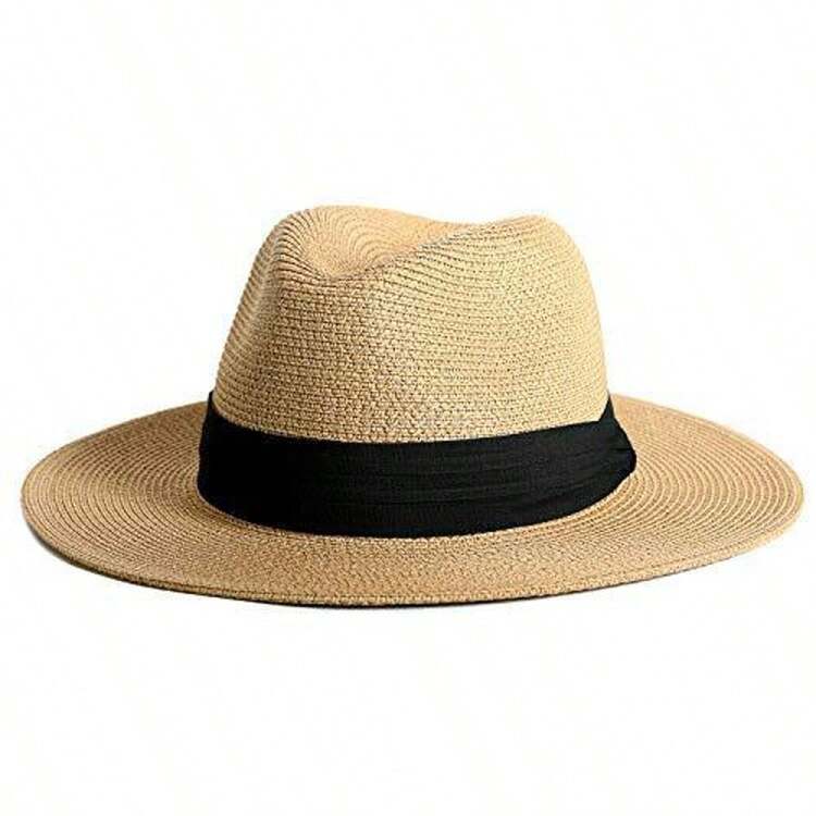 1顶波西米亚风编织爵士帽/草帽（1顶帽子，配1条黑色帽带和1条白色帽带），度假 - 卡其+黑/米色織帶 - 查看 3