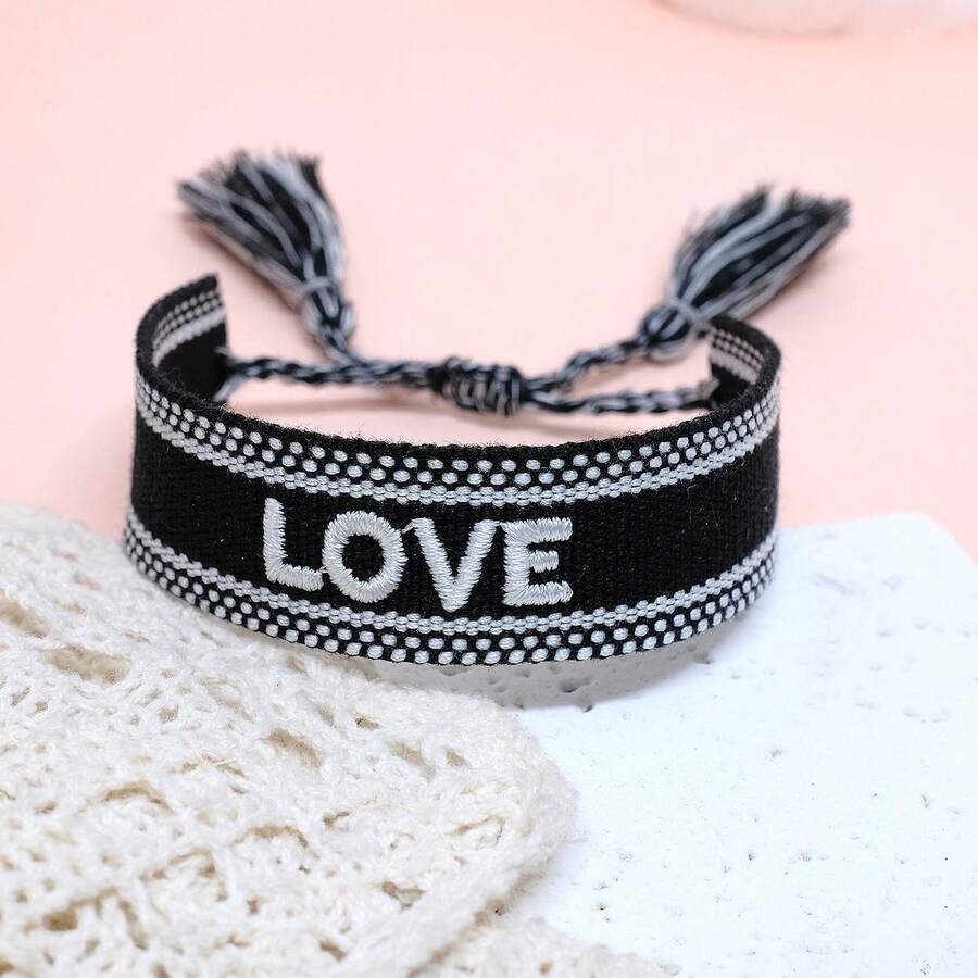 1pc Handmade Embroidered Love Letter Boho Tassel Braided Bracelet - Black - View 1