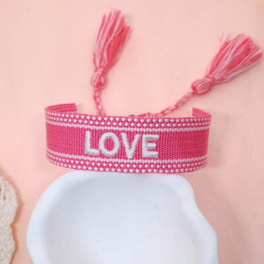 1pc Handmade Bohemian Braided Bracelet With Love Letter Embroidery And Tassel Decor - Pink - View 1
