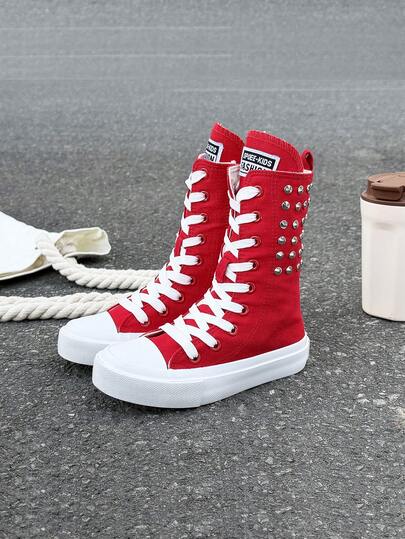 OPOEE White Canvas Shoes, Mid-Top Sneakers, Children's Casual Lace-Up Shoes, Korean Style, Simple Design, Boys/Girls, Spring/Autumn, Classic High-Top Canvas Shoes, Low-Top Casual Sports Skateboard Shoes, Dance Shoes