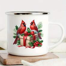 1个复古圣诞红雀珐琅马克杯 - 12盎司，饰有红雀、冬青树和礼物图案，经久耐用，适合咖啡/茶，居家、露营、野餐、旅行使用。 - 白色 - 查看 7