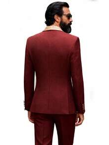 Men's Suit Shawl Lapel Double-Breasted Blazer & Pant Set - Formal 2-Piece Tuxedo With Wafer Knit Texture For Weddings & Black Tie Events - 酒紅色 - 查看 7