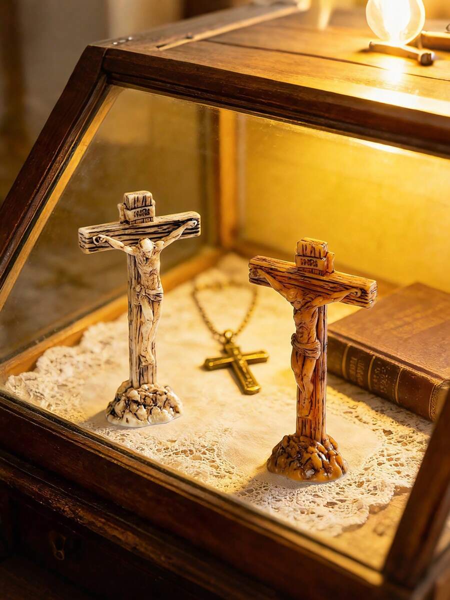 2pcs Delicate Resin Cross Mini Figurines, Exquisite Craftsmanship Suitable For Micro Landscape Creative Scene Arrangement, Can Be Used As Cozy Room Corner Decor, Tabletop Ornament, Dollhouse Accessory. Compact Design Brings A Ambiance, Wishing Your Life Always Filled With Warm And Comfortable Moments, Adding A Unique And Elegant Touch To Every Space. - Multicolor - View 1