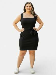 Women's Plus Size Elegant Curvy Short Dress With Thick Straps And Bow - 黑色 - 查看 2