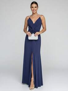 Elegant Women's Long Dress For Bridesmaids, Wedding Guests, Graduations, Birthday Parties, 15th Birthday, Straps, Rhinestones, Padded Cups, Slit, Lined Fabric - 藏蓝色 - 查看 1