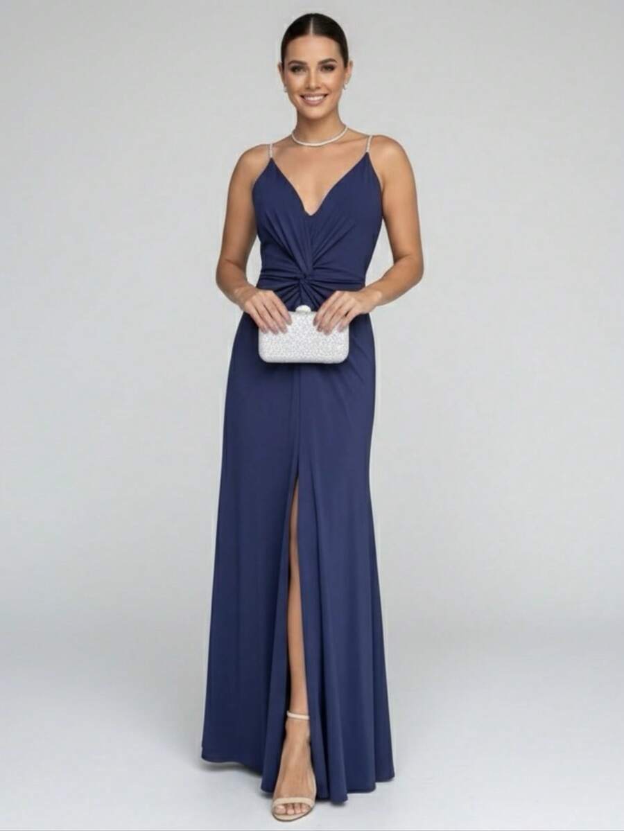 Elegant Women's Long Dress For Bridesmaids, Wedding Guests, Graduations, Birthday Parties, 15th Birthday, Straps, Rhinestones, Padded Cups, Slit, Lined Fabric - 藏蓝色 - 查看 1