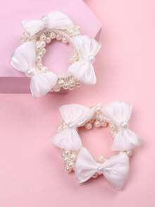 2个儿童珍珠发圈，蝴蝶结发绳，女孩发饰，简约INS风婴儿球形发箍，马尾辫发绳，日常佩戴，婚礼花童头饰 - 白色 - 查看 3
