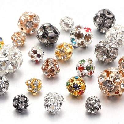 30pcs Shiny Round Beads Rhinestone Spacer Beads For Making Jewelry, DIY Bracelet Necklace