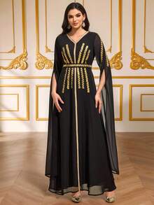 斋月庆典特别款黑色金亮片V领系腰雪纺连衣裙，独特垂褶袖设计，适合特殊场合和节日演出。 - 黑色 - 查看 5