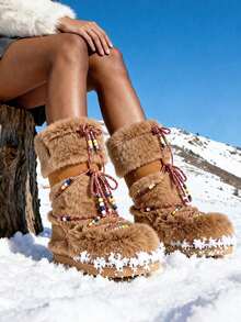 Faux Fur Boots For Women Winter Snow Boots Platform Lace Up Round Toe Boots Warm Snow Shoes Fluffy Winter Boots - 駝色 - 查看 8