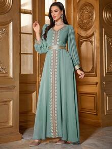 优雅雪纺褶裥长袖V领睡袍，饰有贴花和腰带细节 - 薄荷綠 - 查看 6