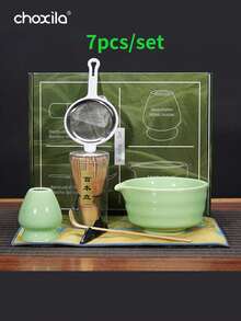 choxila 1/4/7件套抹茶入门套装，包含抹茶碗（带嘴）、竹制抹茶筅、勺子、筅架、抹茶筛、勺架、茶巾、礼盒 - Green Matcha Set - 查看 15
