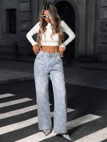 Light Blue Rhinestone Embellished Wide Leg Jeans, Stylish And Straight Leg Pants For Women - Light Wash - View 5