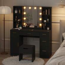 Farmhouse - Juego de Cambiador con Espejo Iluminado, Cambiador de Maquillaje Moderno de 56 Pulgadas con estación de Carga y estantes de Almacenamiento, Cambiador de recámara para Mujeres y - Negro - Ver 7