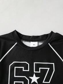 2件套女童休闲时尚字母印花装饰腰部短袖上衣和松紧腰直筒裤套装，春夏款 - 黑色 - 查看 3