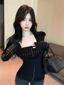 2pcs Black Edgy Studded Cross Long Sleeve Base Layer Top, Sexy Fitted Blouse For Early Spring - Black - View 4