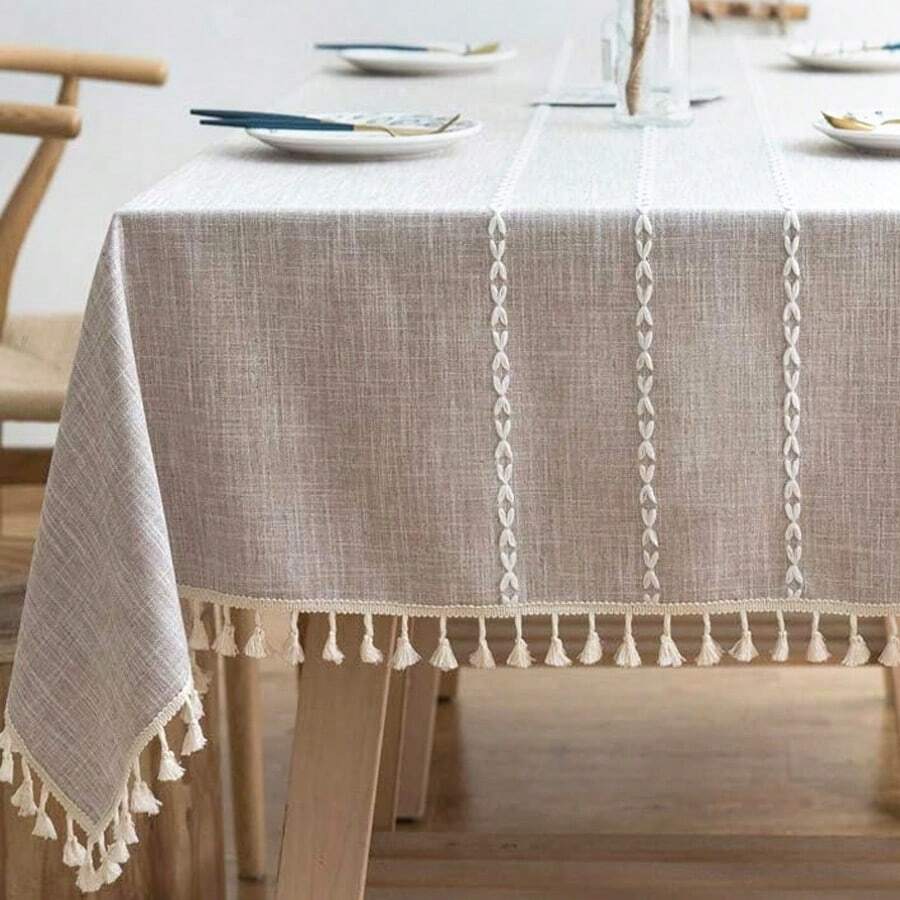 1pc Solid Striped Fringe Japanese Style Tablecloth, Simple Elegant Washable Stain-Resistant Tablecloth, Suitable For Picnic, Camping, Wedding, Birthday Party, Thanksgiving, Restaurant And Buffet, Kitchen And Dining Room Decor - Khaki - View 1