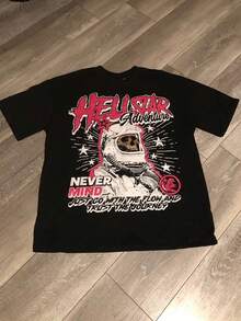 Men's 100% Cotton Graphic Tee, Crew Neck Short Sleeve Casual T-Shirt With "HELLSTARs Adventure" Flame Letter Print, Skeleton Astronaut Graphic, Vintage Streetwear, Comfortable Soft & Breathable For Summer,Daily Wear & Going Out,Regular Fit, Durable Fabric,Ideal Gifts For Men - màu đen - Xem 1