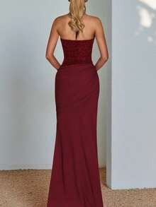 Vestidos Elegantes De Mujer Formal Gowns For Women Evening Elegant Vacation Outfits Women Paneled Bodycon Maxi Dress Shimmery Knit Deep V Halter Formal Gown Vestidos Elegantes De Mujer Formal Gowns For Women Evening Elegant - 酒紅色 - 查看 3