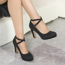 Round Toe High Heel Black Criss-Cross Strap Chunky Heel Low Vamp Women Pumps - Black - View 13