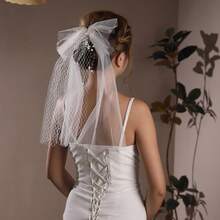 1pc Handmade Beaded Faux Pearl Large Grid Tulle Veil, Minimalist Bridal Veil For Wedding, Engagement, Valentine's Day - White - View 6