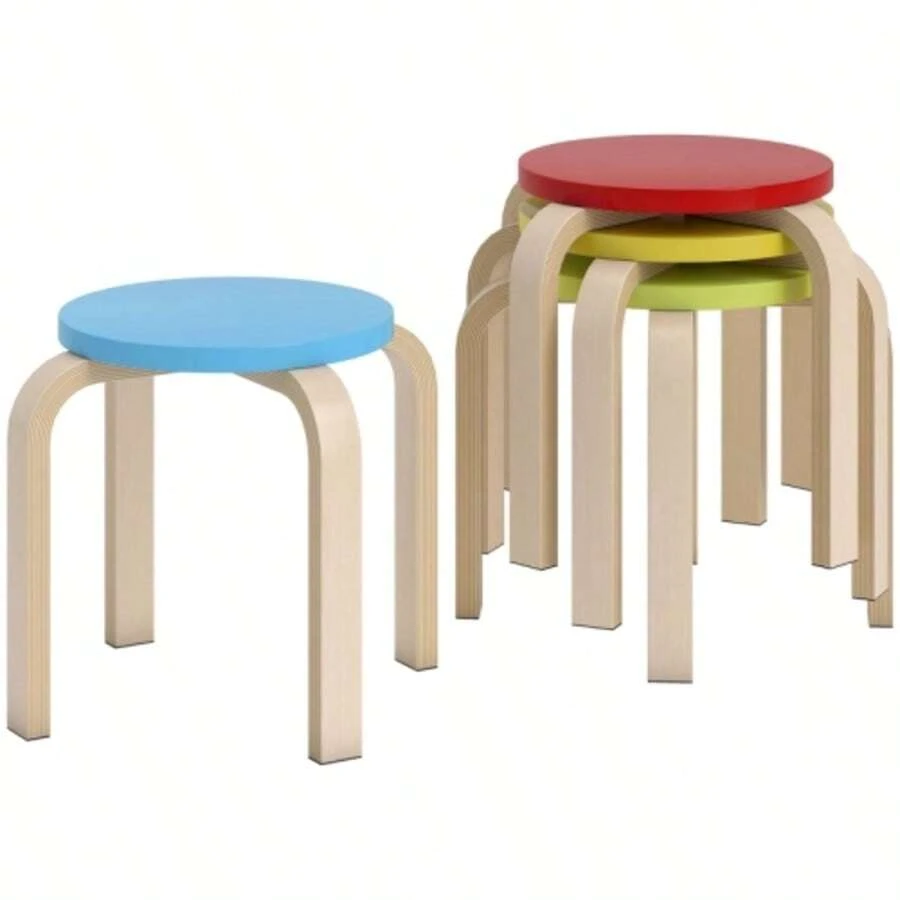 4 Stackable Stools With Felt Glides, Birch Plywood, Lacquered, Multicoloured - Apricot - View 1