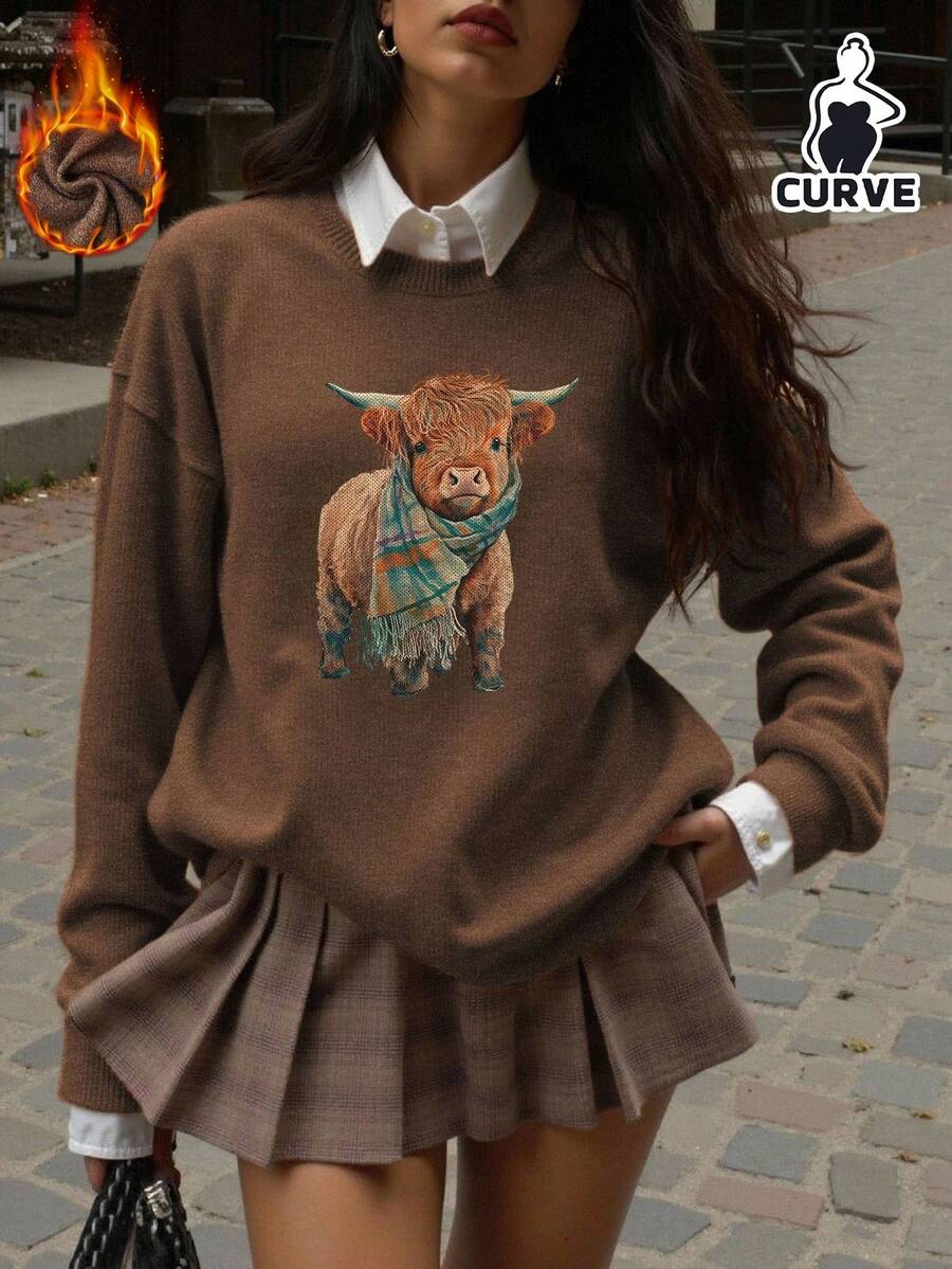 Plus Size Casual Fashion Yak Print T-Shirt, Suitable For Parties, Family Gatherings And Everyday Casual Wear, St. Patrick's Day Outfit, Good Luck Charm, Shamrock, Carnaval, Carnival Event, Year Of The Horse, Graphic Print Valentine's Day, Women's Valentine's Day Gift, Casual Wear Valentine's Day, Carnival Costumes 2026, Horse Element Carnival