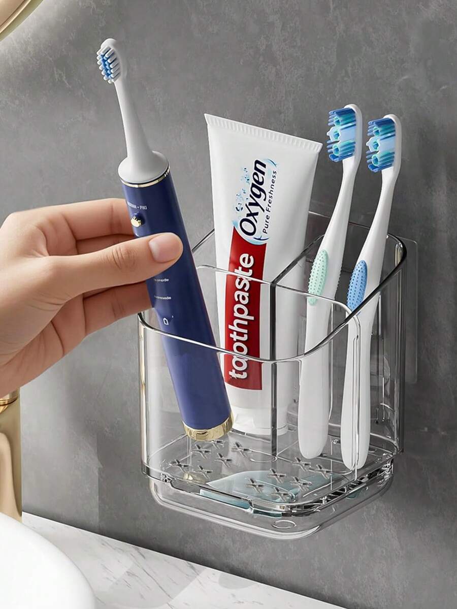 حامل فرشاة أسنان شفاف قطعة واحدة، رف تخزين جداري مقسم، منظم حمام بدون ثقب إبداعي، يمكن تخزين فرشاة الأسنان والمشط والحلاقة، ديكور حمام المنزل - شفاف - مشاهدة 1