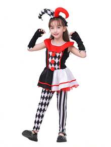 4pcs/Set Girls' Circus Clown Plaid Dress, Pants, Gloves And Headpiece, Children's Carnival Performance Costume - Multicolor - View 11