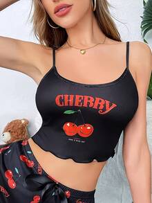 女士舒适樱桃印花睡衣上衣 - 黑色 - 查看 4