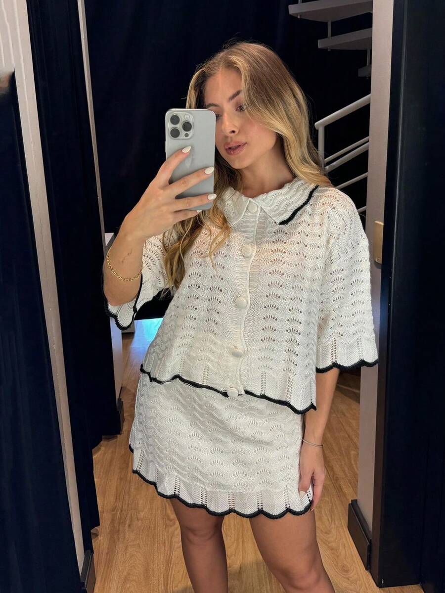 2pcs Women's Minimalist Elegant Knit Sweater Set, Chic Campus Style, Spring/Summer - White - View 1