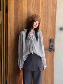 V领长袖格子荷叶边衬衫 - 白格 - 查看 2