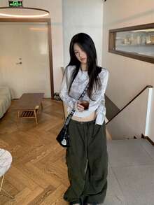 New Women's Printed Short T-Shirt, Slim Fit Long Sleeve Design Top, Spring/Autumn - Beige - View 7