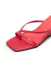 Athlefit Women's Dressy Summer Wedge Sandals Slip On Casual Strappy Thong Slides Cute Square Open Toe Flip Flop Heels - 紅色 - 查看 4