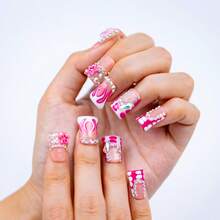 Sugar Burn Duck Tip Press On Nails, Handmade Pink Flame Nails, Ice Cream Charms, Stars, Rhinestones, Sweet Y2K Glam Summer - Pink - View 6