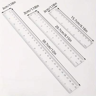 Bộ 3 thước nhựa trong suốt 12 inch/8 inch/6 inch có vạch chia centimet và inch, thích hợp cho trường học hoặc văn phòng.