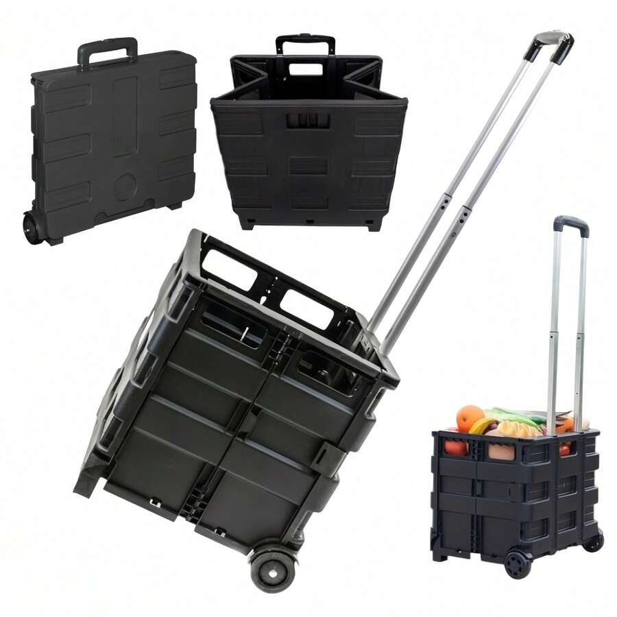 日式戶外便攜式可折疊家用大容量手式拉車，便攜防塵置物車，快遞輕便小推車，伸縮折疊買菜購車。小拉車折疊小推車，露營野餐拉桿車，營地車露營手推車 - 黑色 - 查看 1