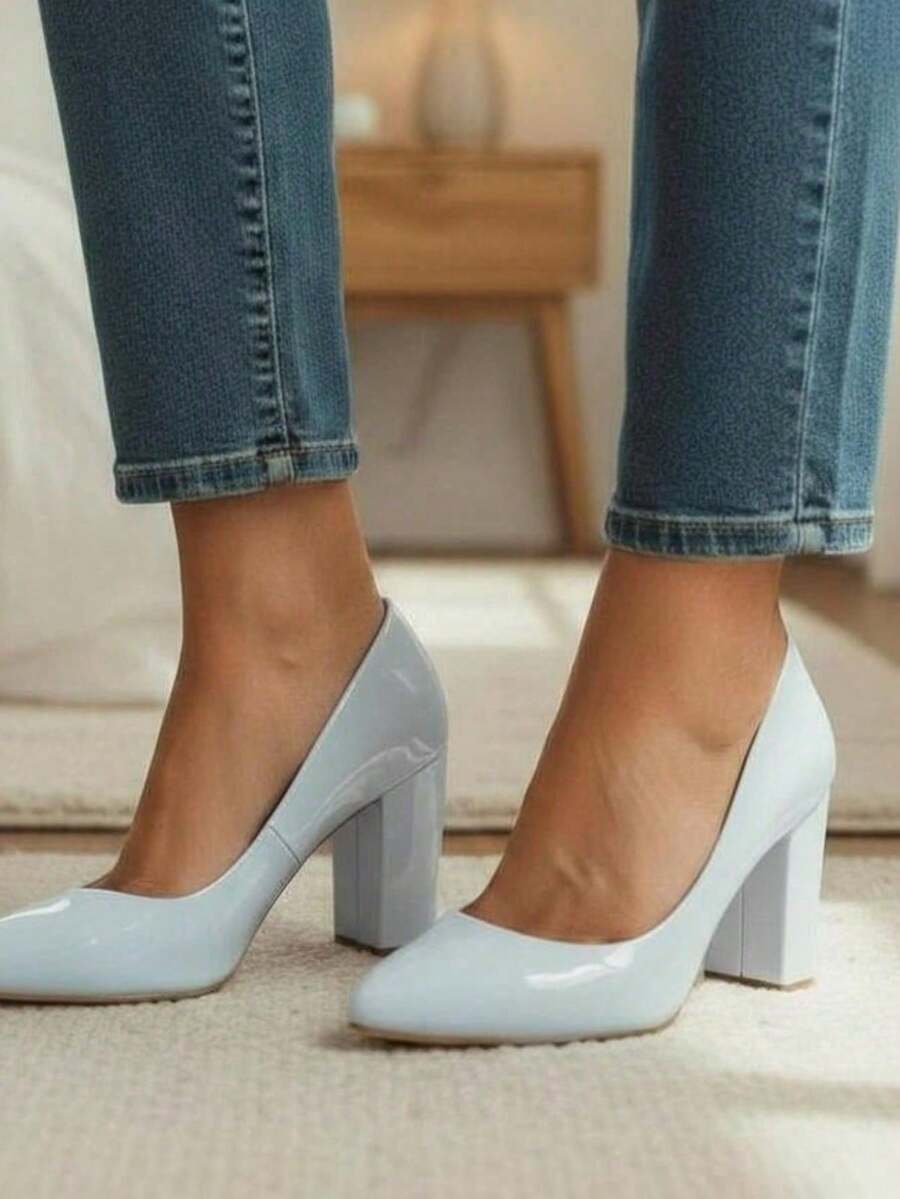 Women's Patent Leather High Block Heel Pump (9.5 Cm) Elegant And Comfortable Winter 2026 Black, Red, Nude, Pink, Blue, , Pink - Màu xanh nhạt - Xem 1