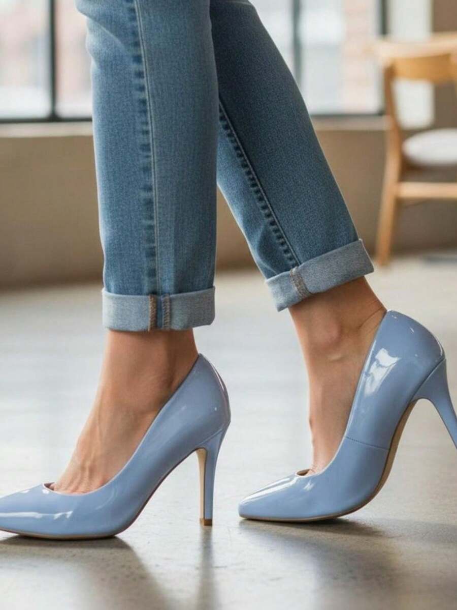 Women's Elegant Patent Leather Stiletto Heel Shoe (9.5 Cm) Comfortable, Available In Black, Pink, Red, Nude, Rose, And Blue. - 淺藍色 - 查看 1