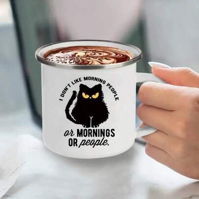 1个趣味猫咪搪瓷咖啡杯，12盎司，可重复使用，送给爱猫人士的礼物，独特的猫咪图案，仅限手洗，无需电源，适合露营和篝火，个性化晨间咖啡杯