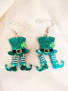 2D 平面女士圣帕特里克节耳环/1对幸运三叶草爱尔兰幸运符，饰有绿色高顶礼帽和四叶草图案，适合派对、婚礼、日常佩戴/优雅礼物，垂坠耳环