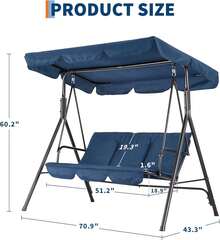 Columpio de exterior de 3 plazas con toldo ajustable y cojines gruesos, banco deslizante con patas antideslizantes y ganchos de resorte resistentes, resistente a los rayos UV, impermeable, capacidad de 227 kg para patio, jardín y patio trasero. - Azul - Ver 3