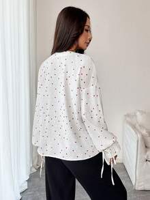 Women's Casual Elegant Textured Heart Print Loose Tie-Front Ruffle Sleeve Blouse, Spring/Summer