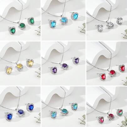 简约合成锆石多色耳钉项链套装，独特设计，高端品质，适合女性佩戴