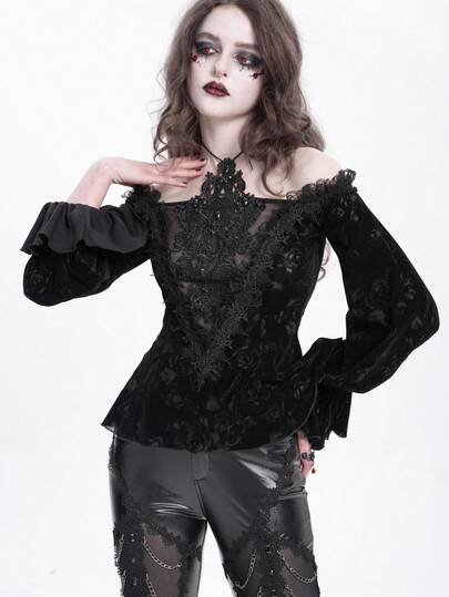 Devil fashion 哥特式深色天鹅绒露肩上衣，蕾丝镂空刺绣吊带紧身浪漫深色衬衫