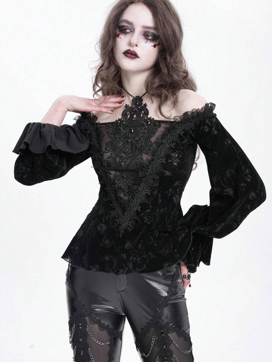 Gothic Dark Velvet Cold Shoulder Top, Lace Hollow-Out Embroidered Halter Tight Fitting Romantic Dark Shirt - Black - View 1