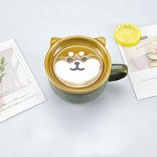 Cartoon Shiba Inu And Cat Ceramic Mug Set, 1 Set , Cute Relief Home Coffee/Breakfast Milk Cup With Lid, Microwaveable, Creative Snack Tray, Birthday Gift/Back-To-School Gift - Multicolor - View 3