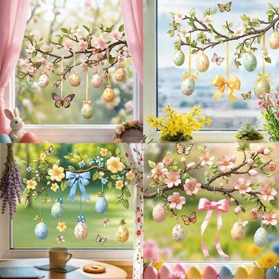 1/4 piezas Pegatinas de Pascua para ventanas Decoración primaveral Huevos colgantes Rama de flores Pegatinas con mariposa y lazo para decoración del hogar, puerta de vidrio, vitrina, fiesta PVC reutilizable película de vidrio estática