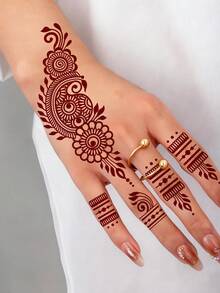 1 hoja de tatuaje de henna marrón temporal para manos y dedos, tatuaje de flores, tatuaje corporal temporal para festivales - Marrón - Ver 4